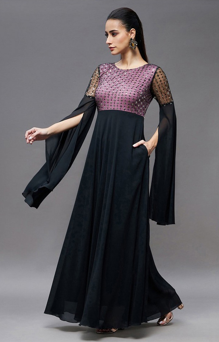 Women's Black Polyester EmbroideredEveningwear Maxi Dress