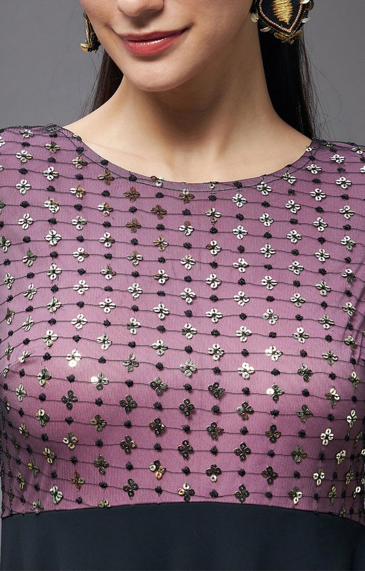 Women's Black Polyester EmbroideredEveningwear Maxi Dress