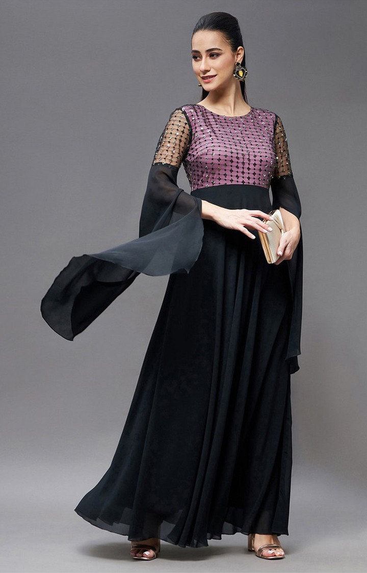 Women's Black Polyester EmbroideredEveningwear Maxi Dress