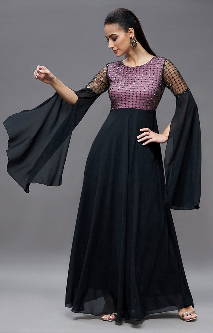 Women's Black Polyester EmbroideredEveningwear Maxi Dress