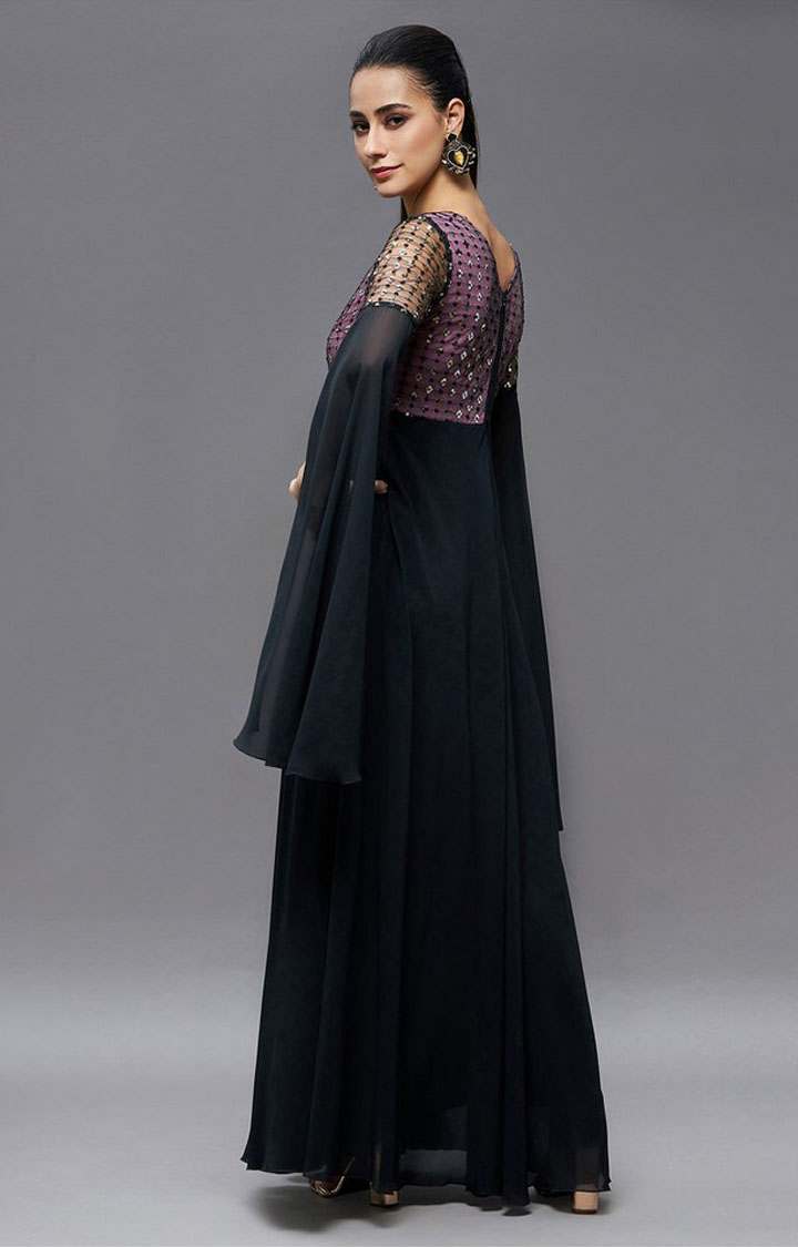 Women's Black Polyester EmbroideredEveningwear Maxi Dress