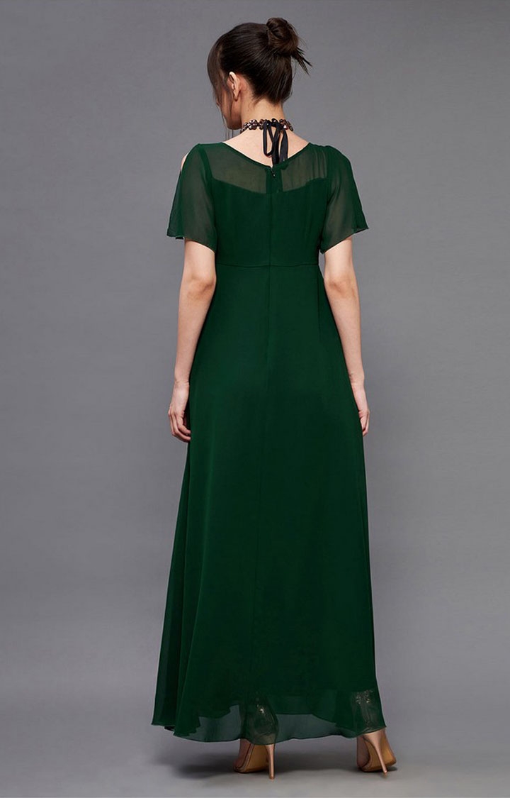 Women's Green Georgette EmbellishedEveningwear Maxi Dress