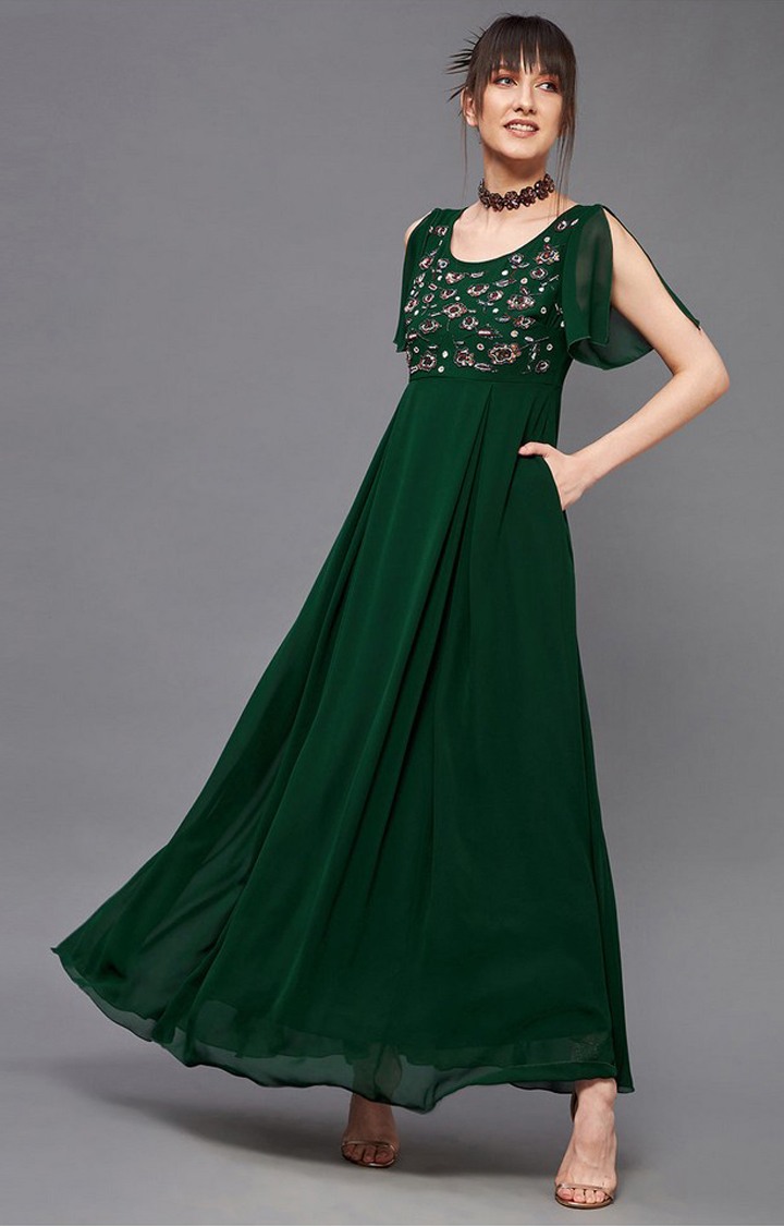 Women's Green Georgette EmbellishedEveningwear Maxi Dress