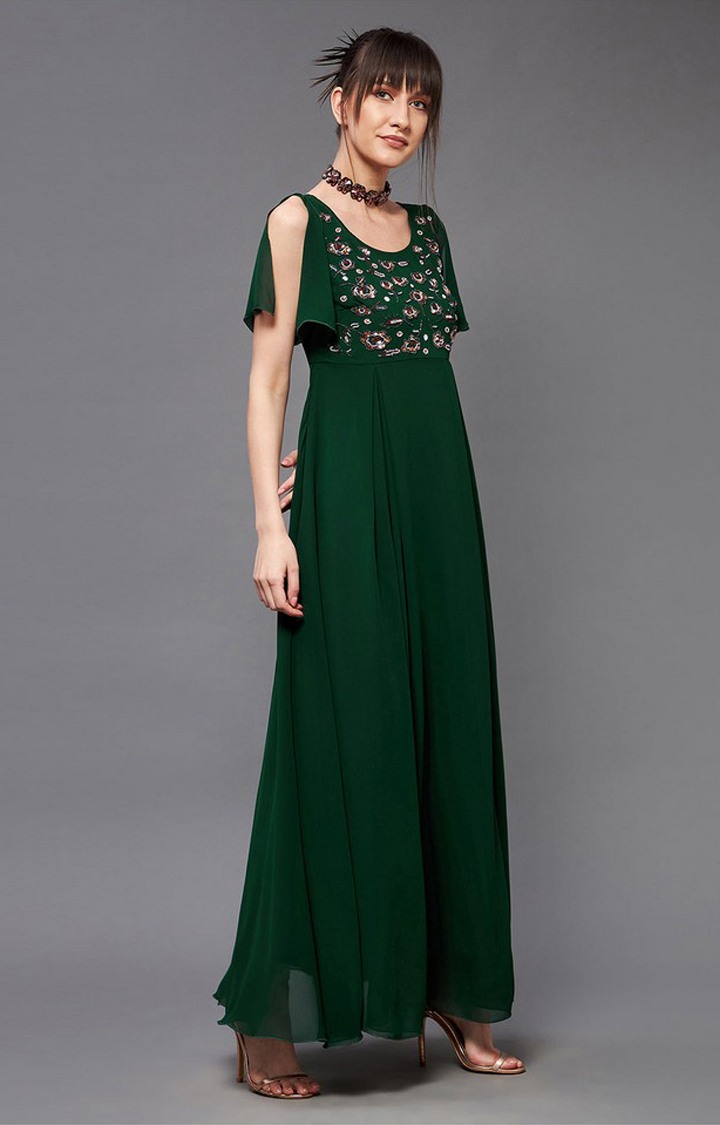 Women's Green Georgette EmbellishedEveningwear Maxi Dress