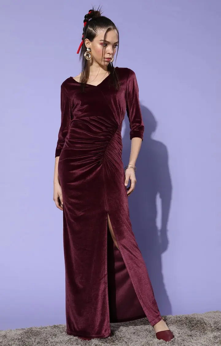 MISS CHASE | Women's Red Velvet SolidEveningwear Maxi Dress