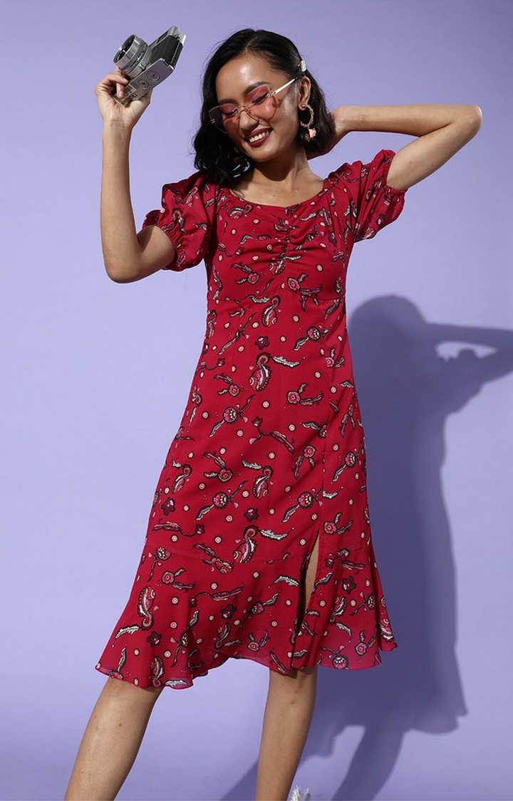Women's Red Georgette Casualwear Tiered Dress