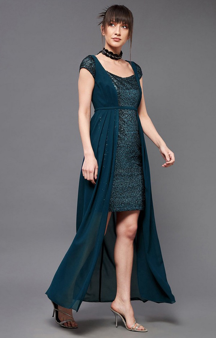 Women's Blue Georgette SolidEveningwear Shift Dress