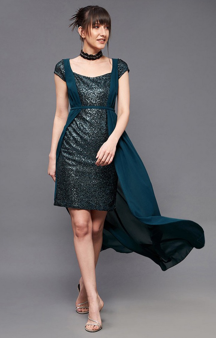 Women's Blue Georgette SolidEveningwear Shift Dress