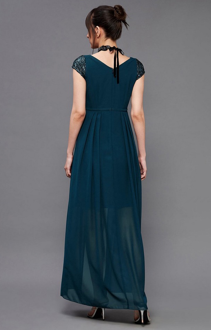 Women's Blue Georgette SolidEveningwear Shift Dress