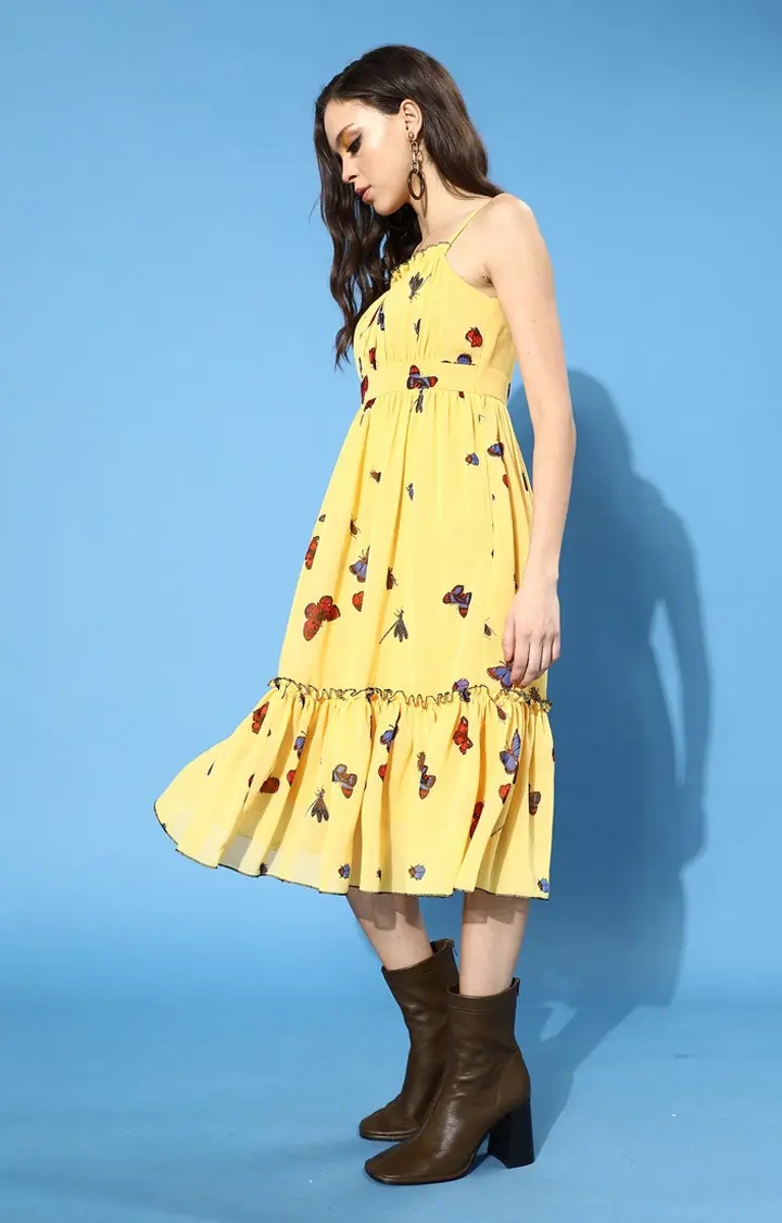 Women's Yellow Georgette PrintedCasualwear Tiered Dress