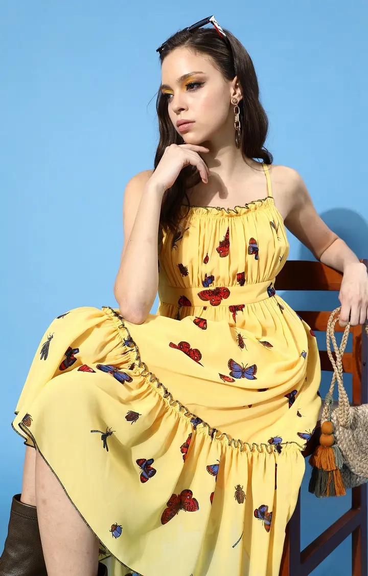 Women's Yellow Printed Tiered Dress