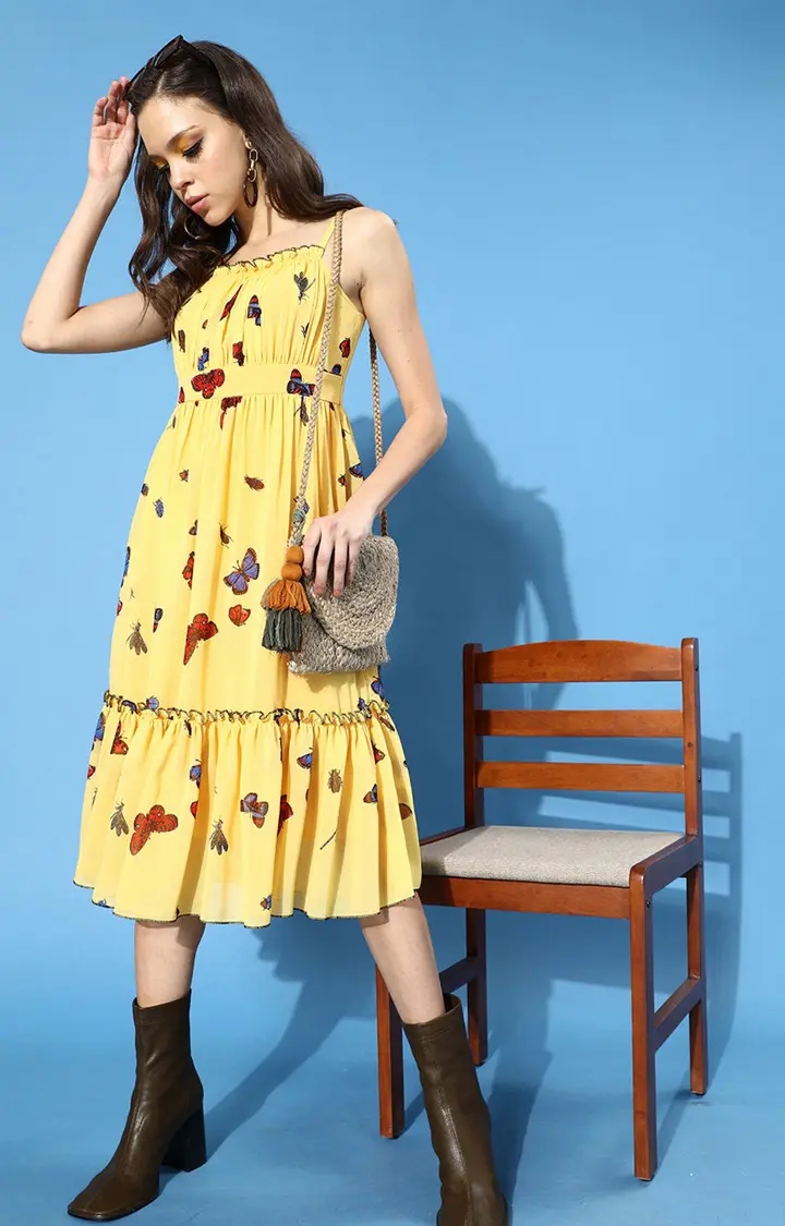 Women's Yellow Georgette PrintedCasualwear Tiered Dress