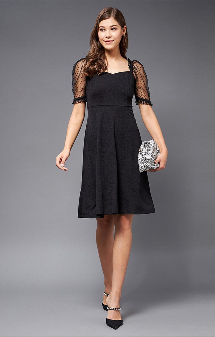 Women's Black Polyester SolidEveningwear Asymmetric Dress