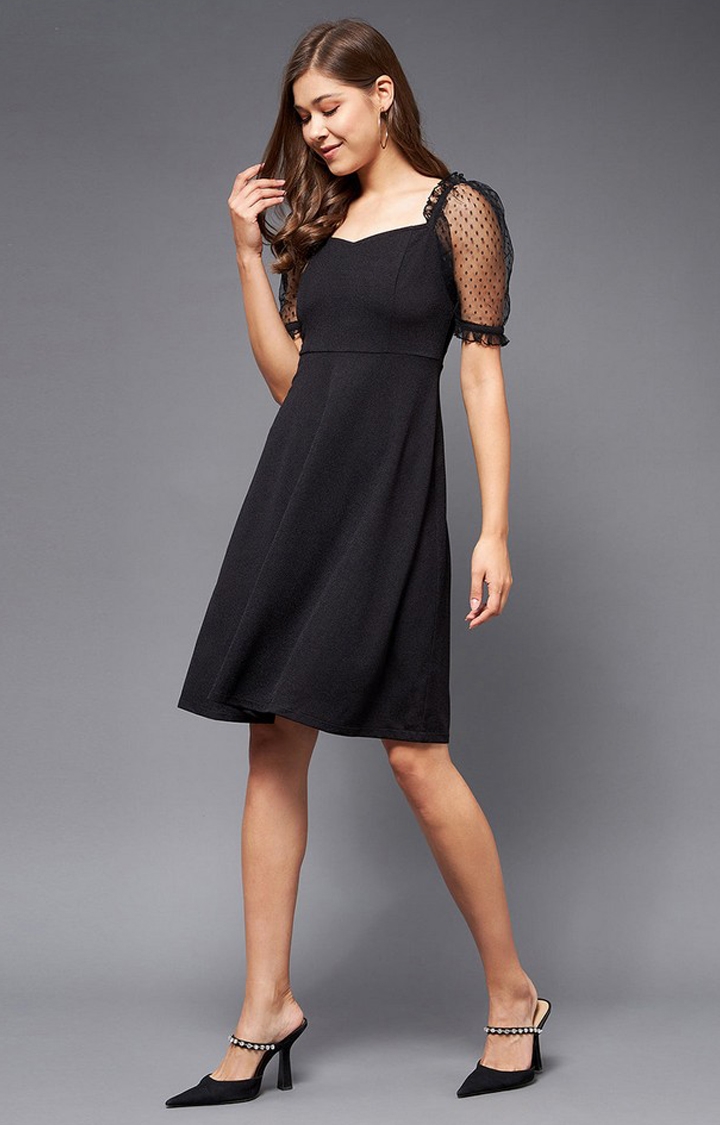 Women's Black Polyester SolidEveningwear Asymmetric Dress