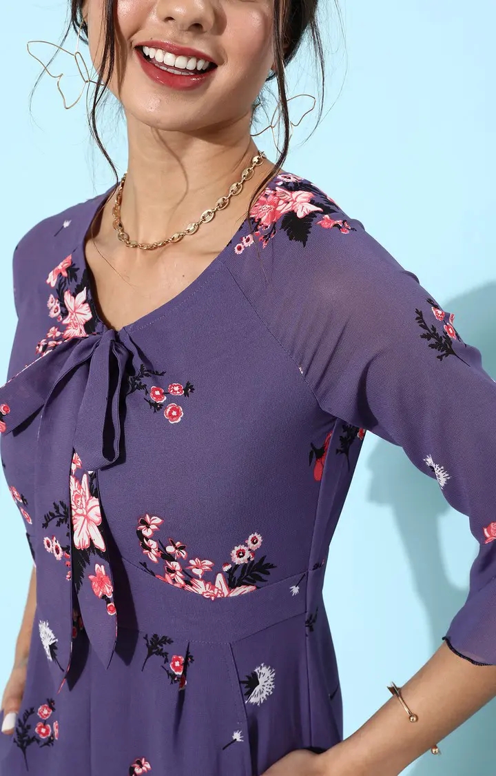 Women's Purple Georgette FloralCasualwear Shift Dress