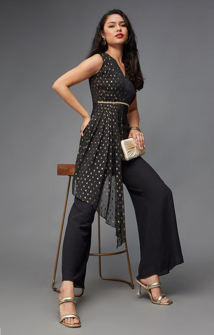 Women's Black Polyester  Jumpsuits