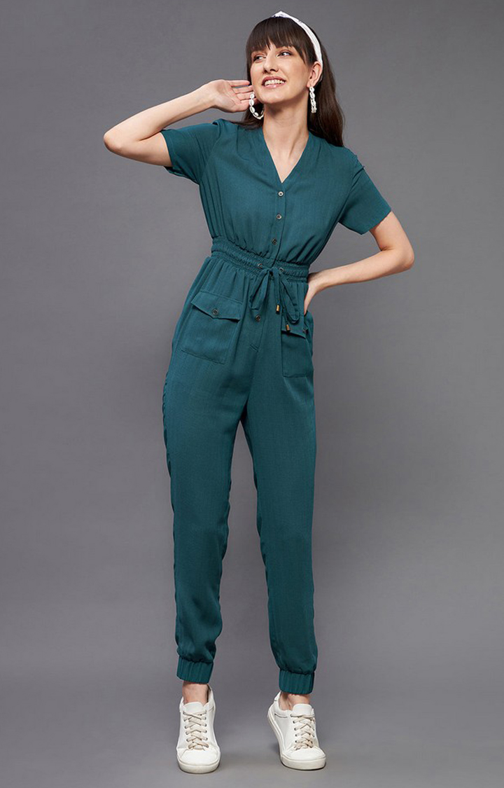 Women's Blue Polyester  Jumpsuits