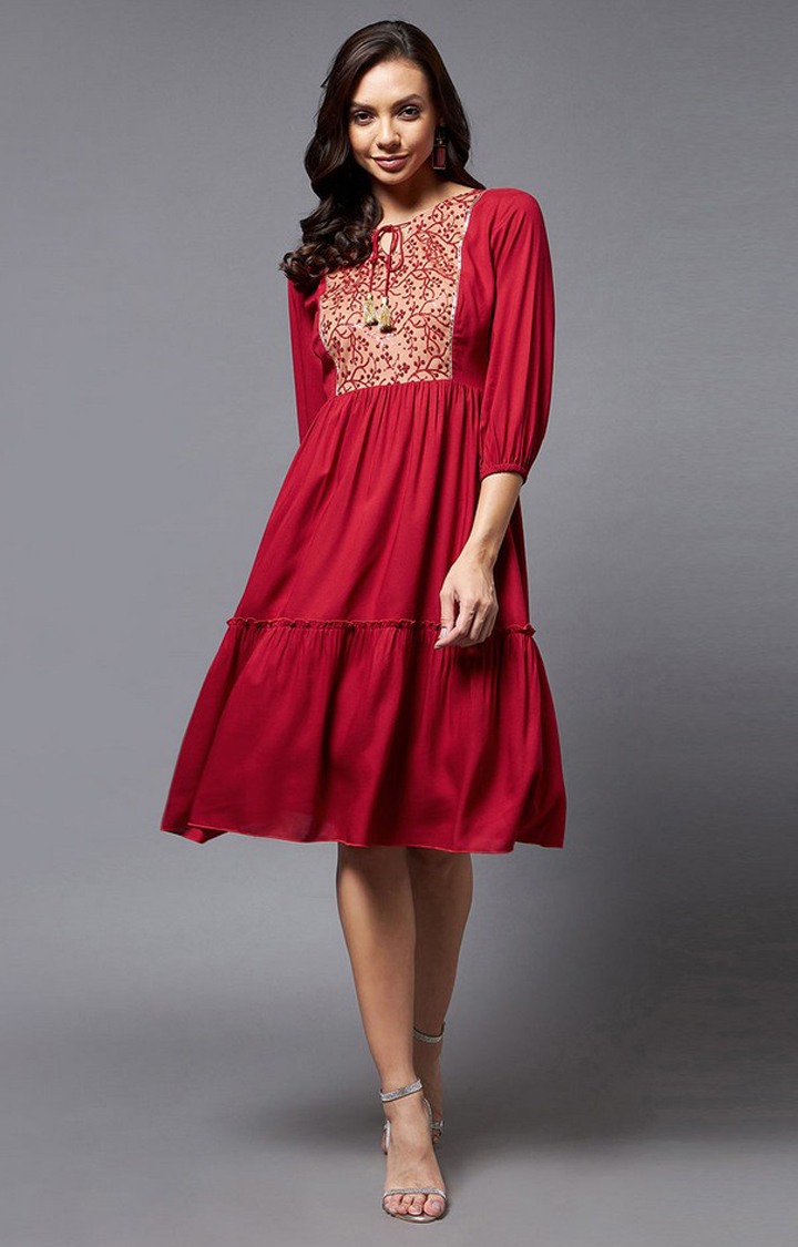 Women's Red Viscose Rayon  Dresses
