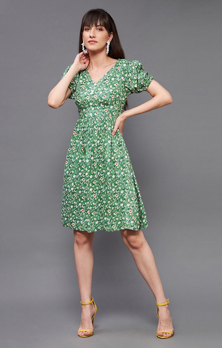 MISS CHASE | Women's Green Viscose Rayon Casualwear Fit & Flare Dress