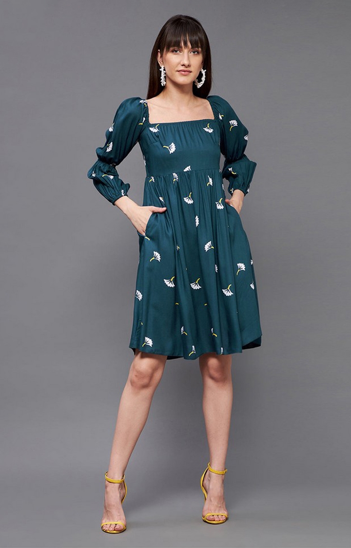 MISS CHASE | Women's Green Viscose Rayon Casualwear Fit & Flare Dress