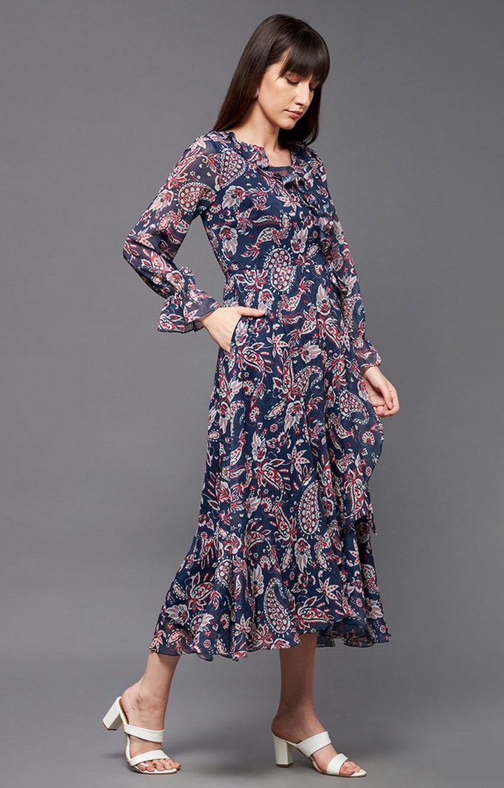 Women's Blue Polyester Casualwear Tiered Dress