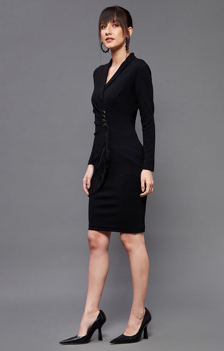 Women's Black Polyester EmbellishedEveningwear Shift Dress