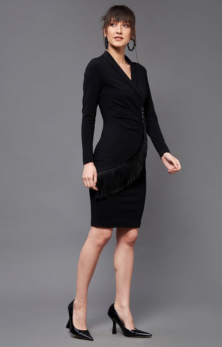 Women's Black Polyester EmbellishedEveningwear Shift Dress