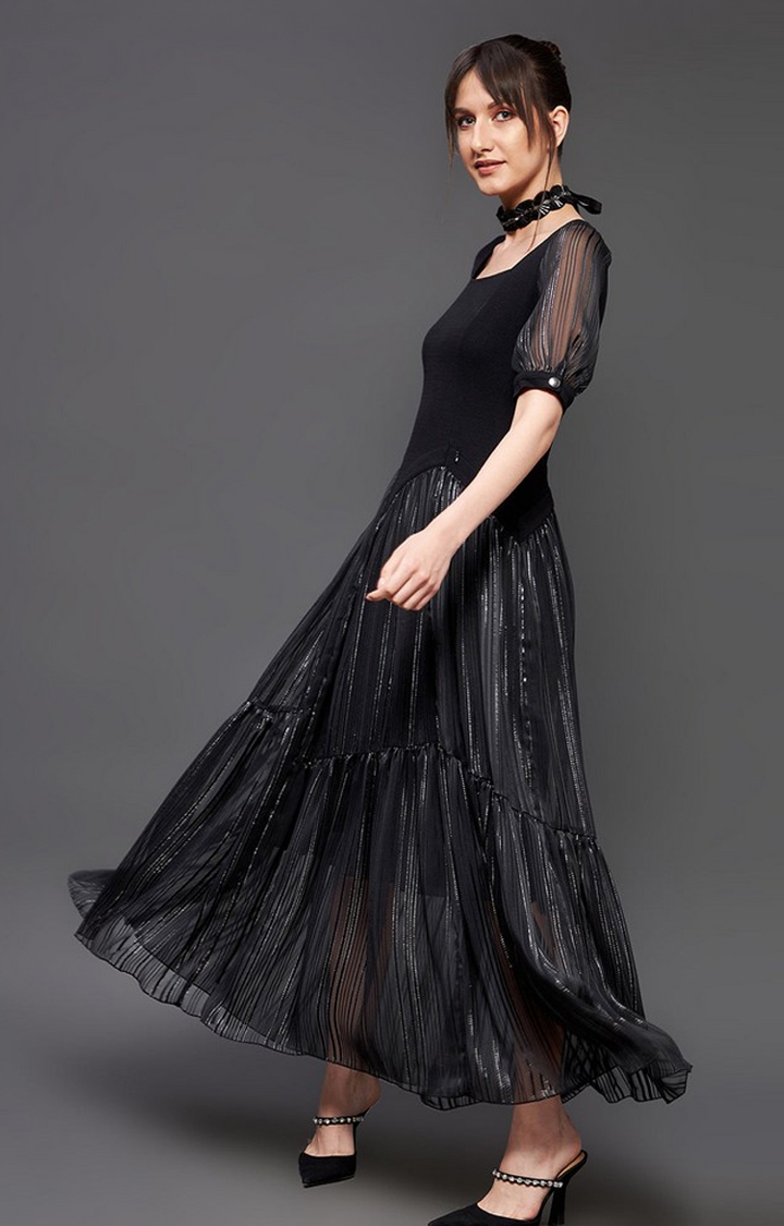 Women's Black Polyester SolidEveningwear Fit & Flare Dress