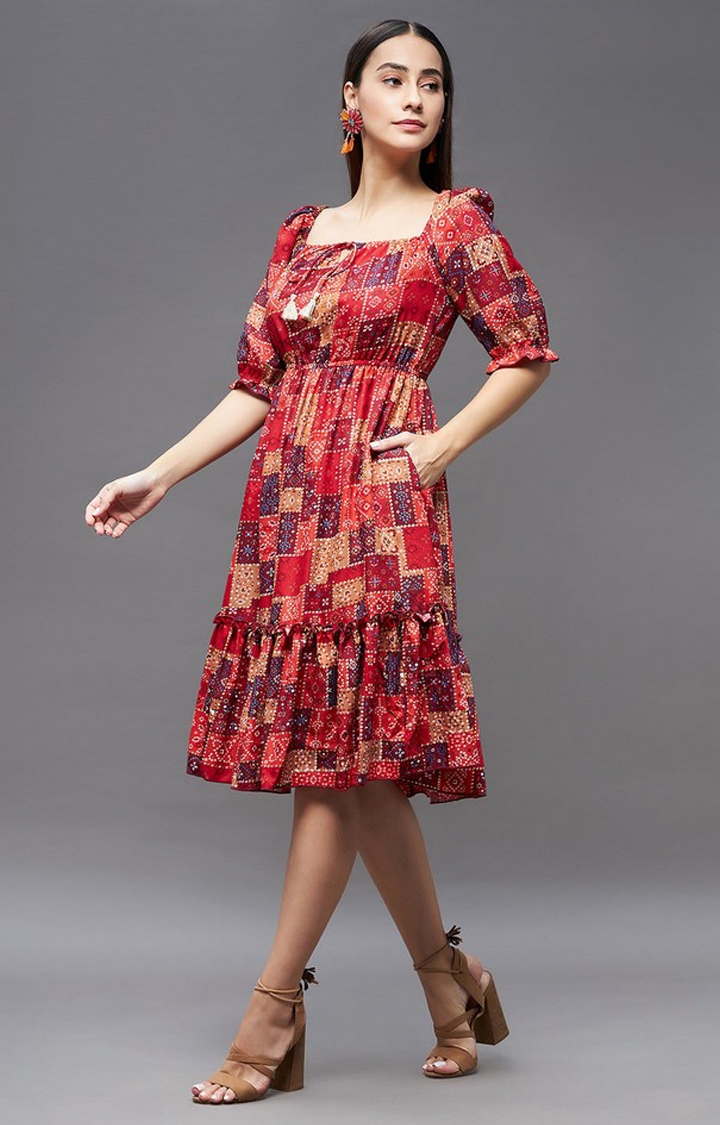 Women's Red Viscose Rayon Casualwear Tiered Dress