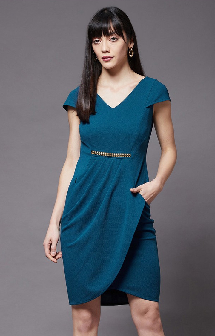MISS CHASE | Women's Blue Polyester SolidEveningwear Bodycon Dress