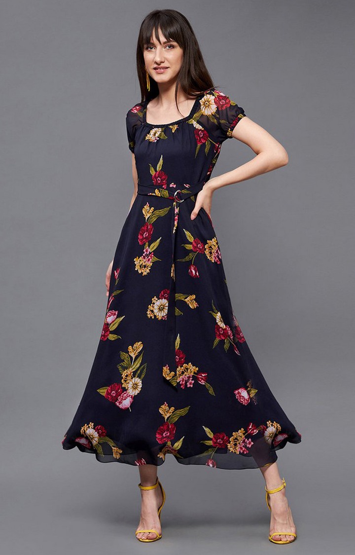 Multicolored Base-Navy Blue Square Neck Short Puff Sleeve Floral Fit & Flare Georgette Midi Dress