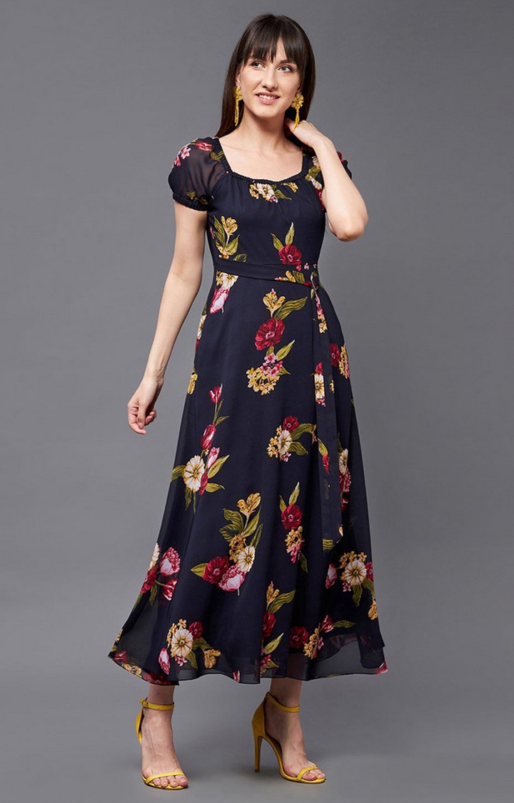 Multicolored Base-Navy Blue Square Neck Short Puff Sleeve Floral Fit & Flare Georgette Midi Dress