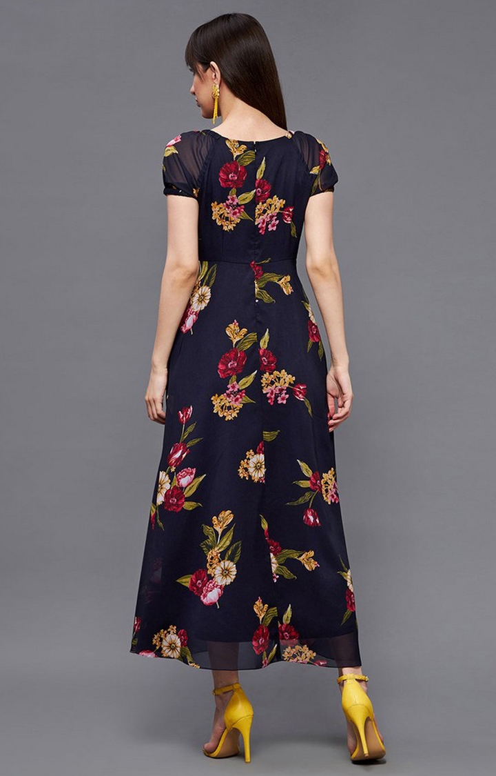 Multicolored Base-Navy Blue Square Neck Short Puff Sleeve Floral Fit & Flare Georgette Midi Dress