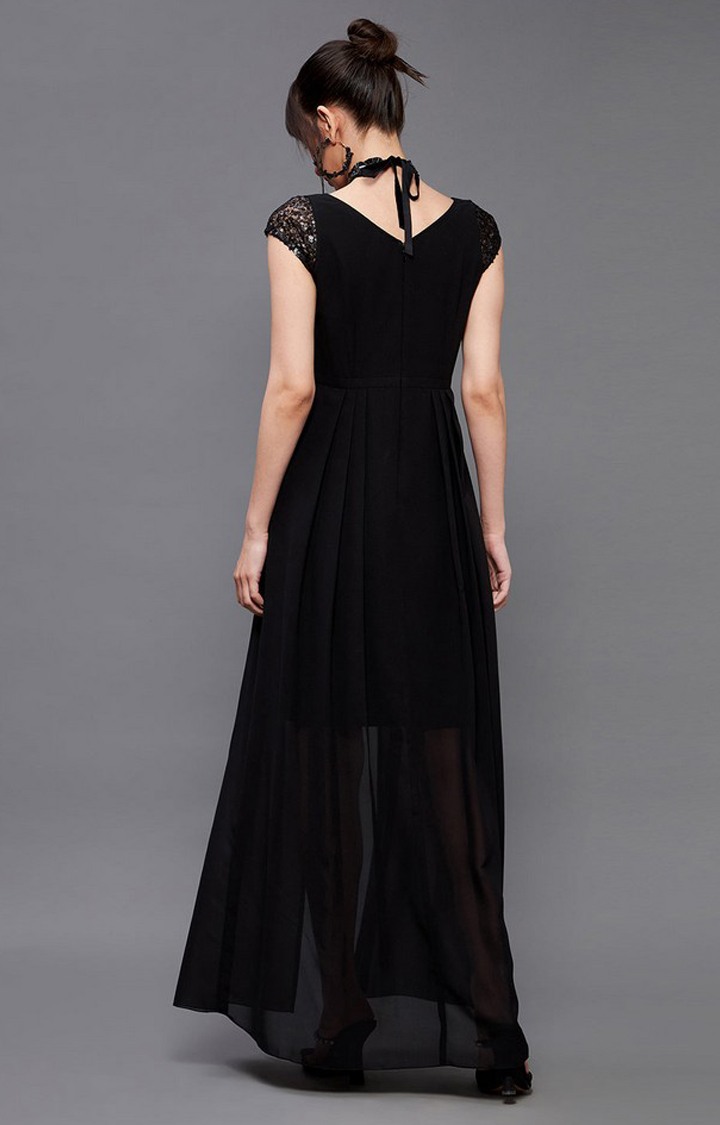 Women's Black Polyester EmbellishedEveningwear Maxi Dress