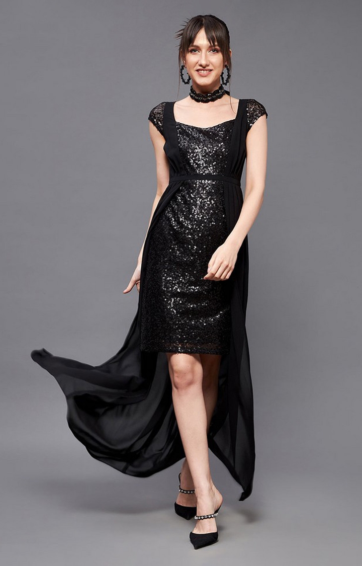 MISS CHASE | Women's Black Polyester EmbellishedEveningwear Maxi Dress