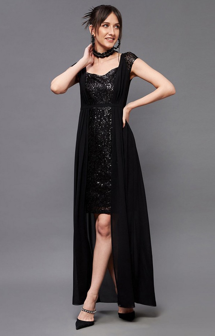 Women's Black Polyester EmbellishedEveningwear Maxi Dress