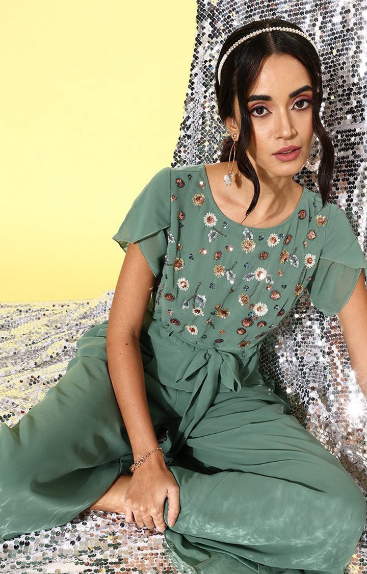 Women's Green Georgette  Jumpsuits