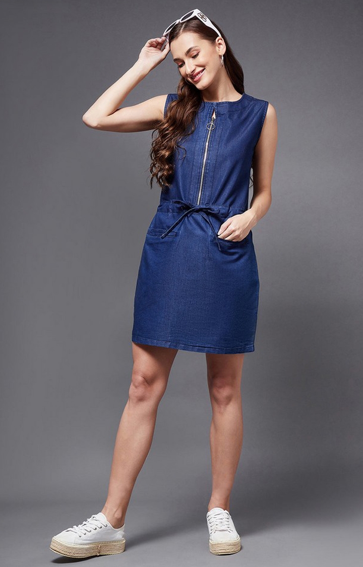 Women's Blue Denim SolidEveningwear Shift Dress