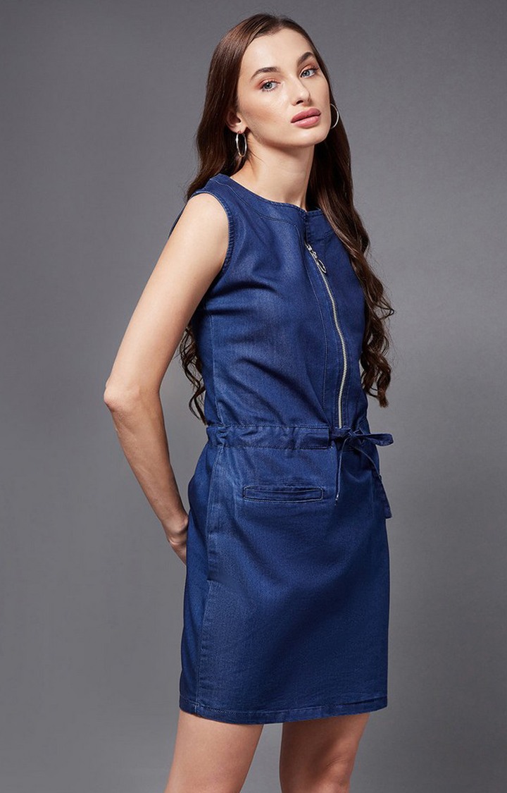 Women's Blue Denim SolidEveningwear Shift Dress