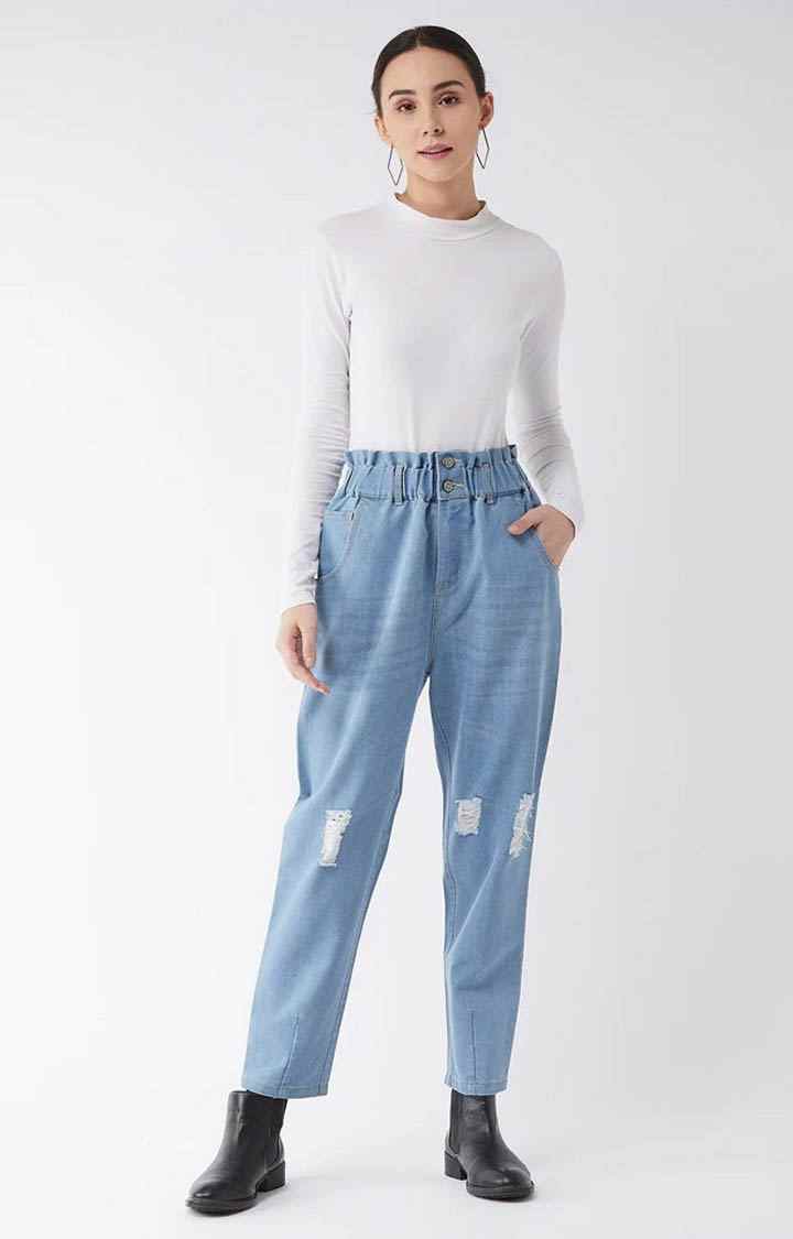 Women's Blue Solid Boyfriend Jeans