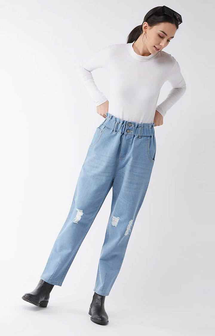 Women's Blue Solid Boyfriend Jeans
