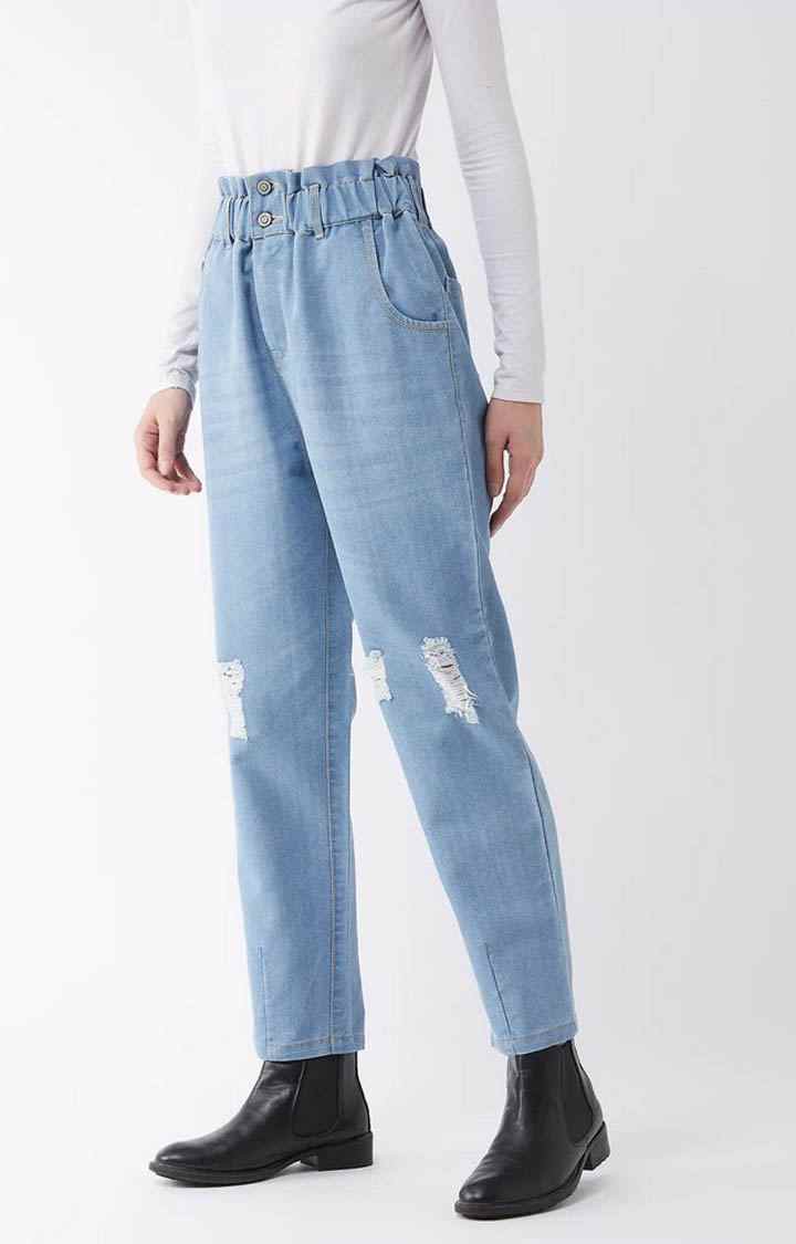Women's Blue Solid Boyfriend Jeans