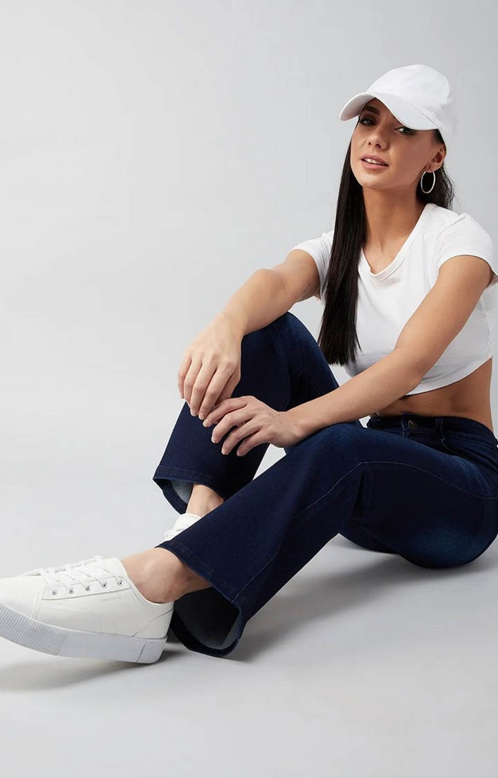 Women's Navy Solid Straight Jeans
