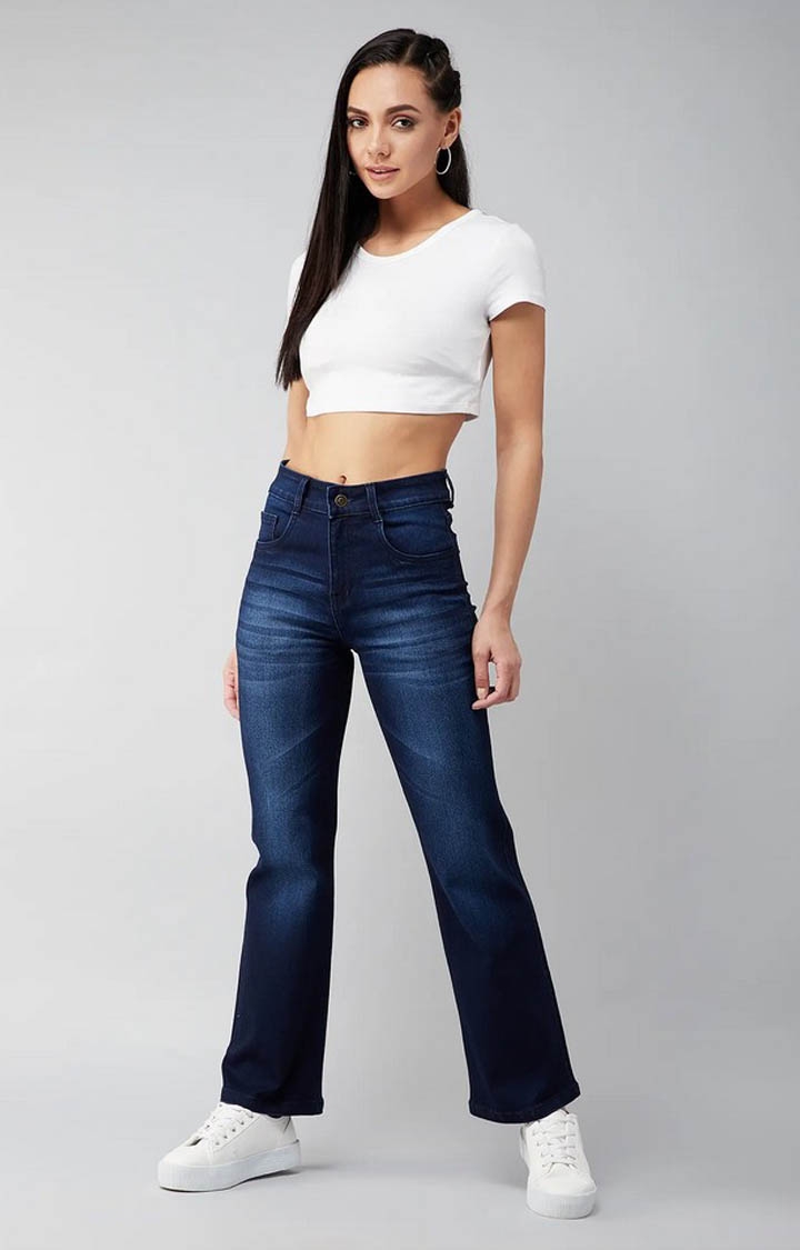 Women's Navy Solid Straight Jeans