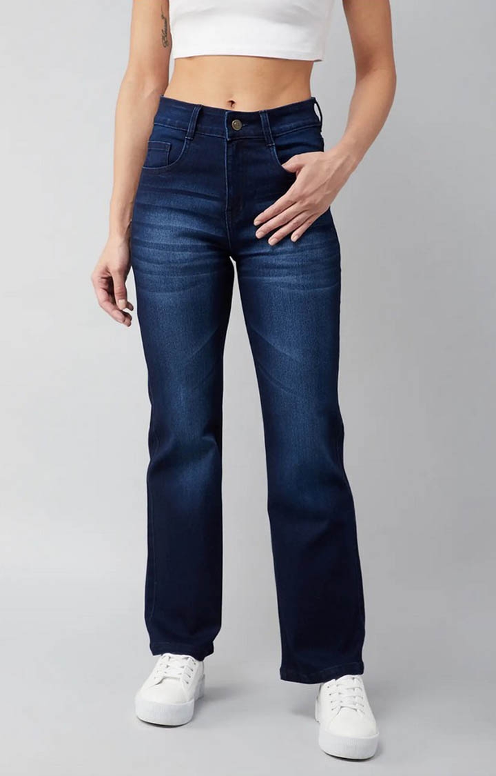 Women's Navy Solid Straight Jeans