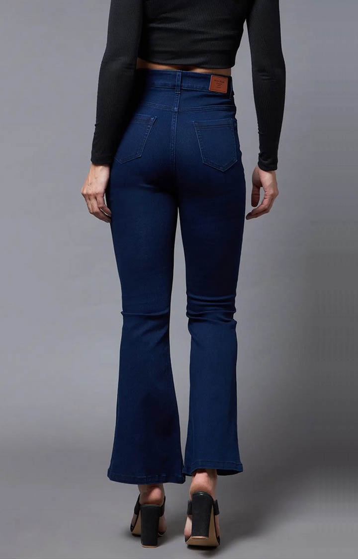 Women's Navy Solid Flared Jeans