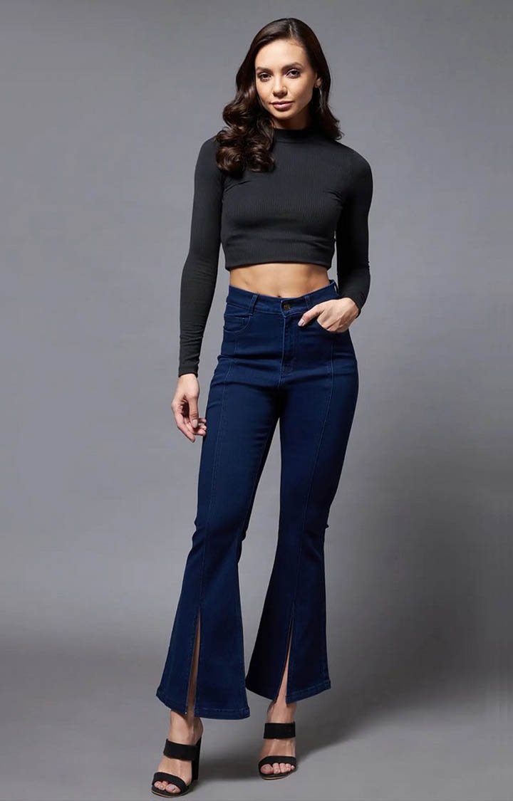 Women's Navy Solid Flared Jeans