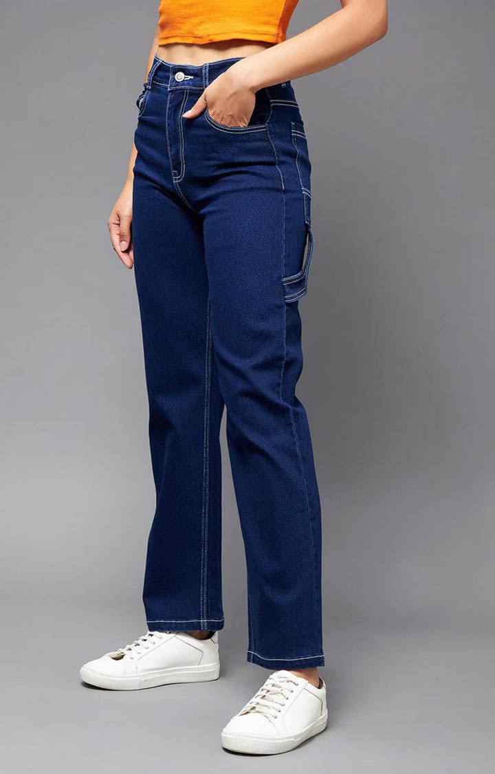 Women's Navy Solid Straight Jeans