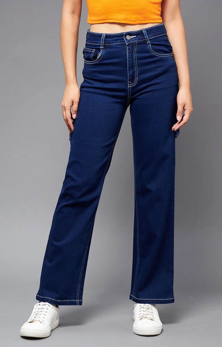 MISS CHASE | Women's Navy Solid Straight Jeans