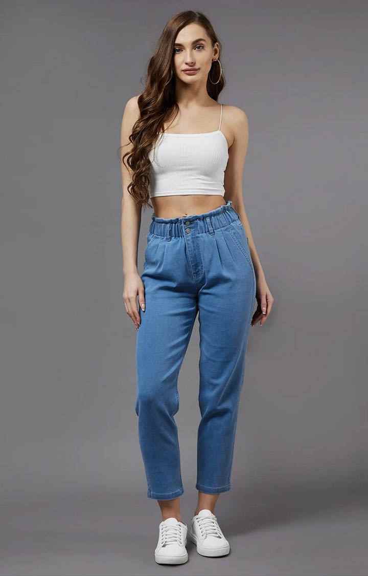 Women's Blue Solid Boyfriend Jeans